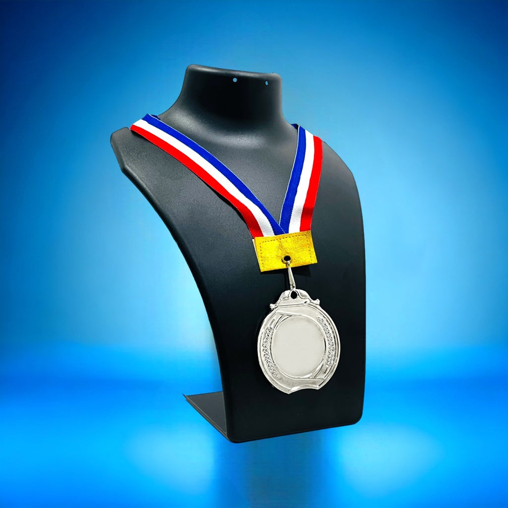 Personalized 2.5 Inch Medal displayed on a black neck stand with a colorful ribbon