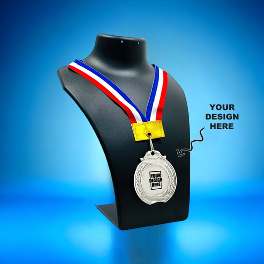 Personalized 2.5 Inch Medal displayed on a black bust with a customizable design and colorful ribbon