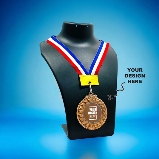 Personalized 2.5 Inch Medal Custom Engraved with a decorative design and ribbon display