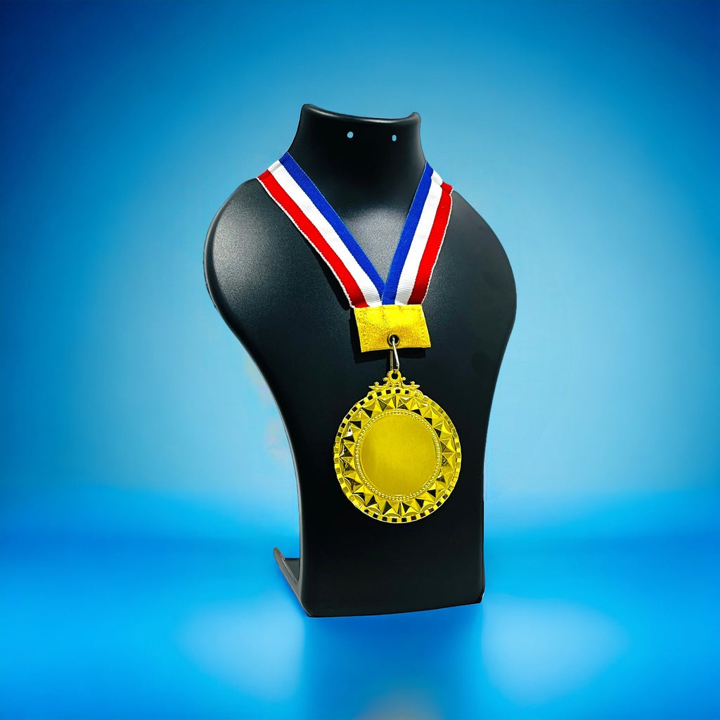 Personalized 2.5 Inch Medal Custom Engraved with Red, White, and Blue Ribbon Displayed on a Stand