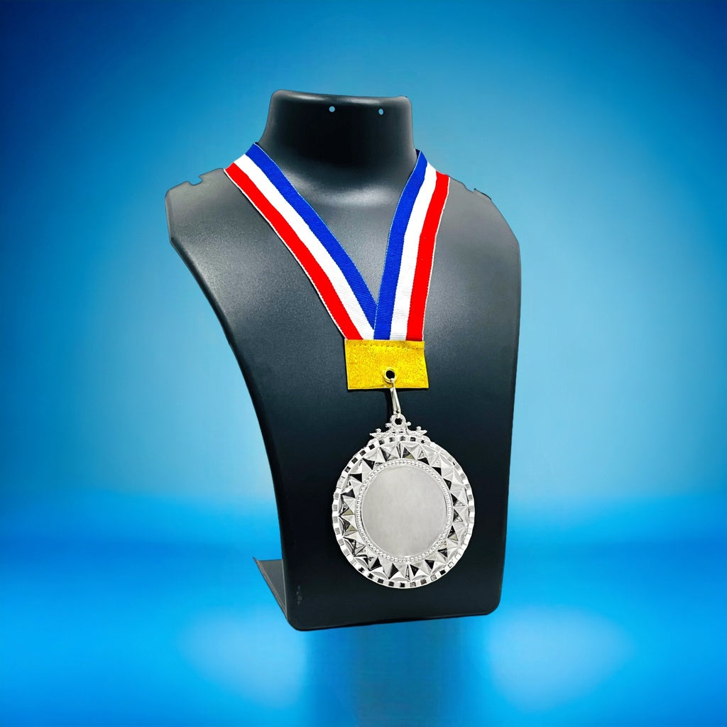 Personalized 2.5 Inch Medal Custom Engraved on a display with a blue background for special occasions