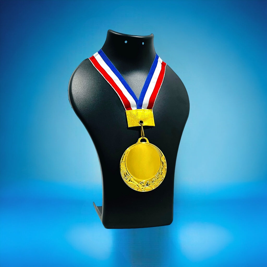 Personalized 2.75 Inch Round Medal with Red, White, and Blue Ribbon Displayed on a Black Stand
