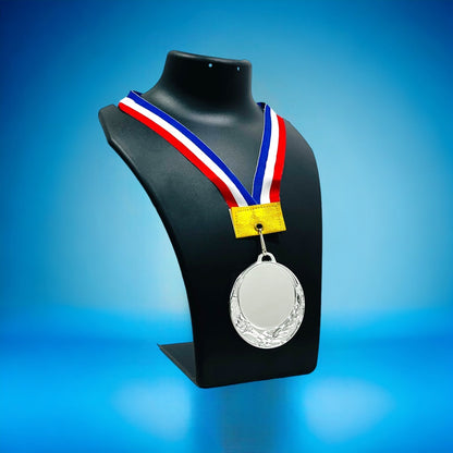 Personalized 2.75 Inch Round Medal on a display mannequin with a red, white, and blue ribbon