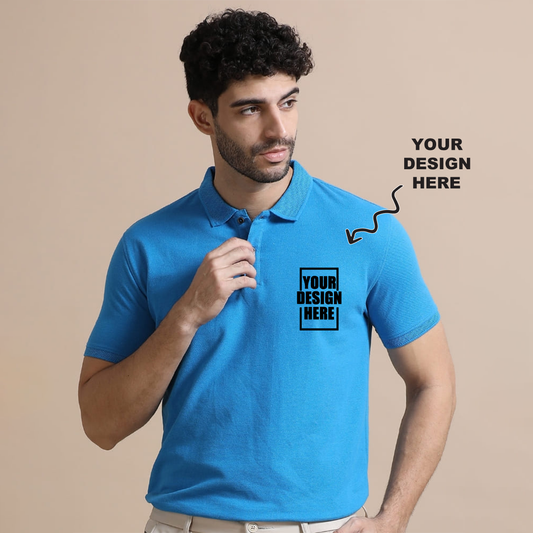 Aqua blue jacquard polo t-shirt with a placeholder design area showing where users can add their own logo, artwork, or text for personalization.