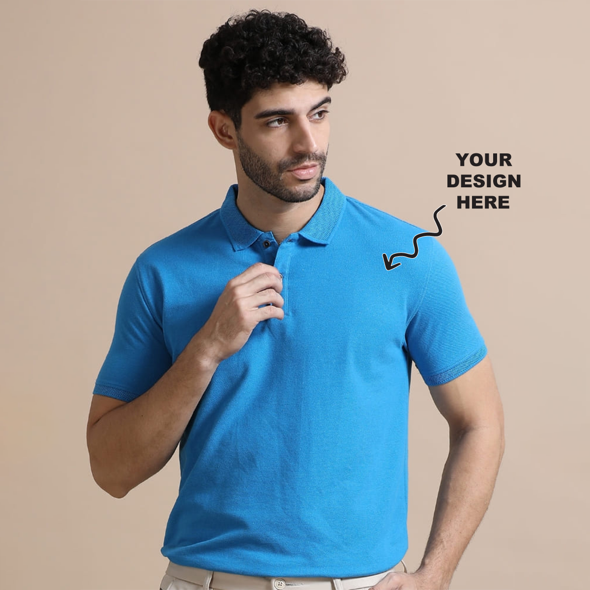 Aqua blue jacquard polo t-shirt with a placeholder logo area showing where users can add their own logo, artwork, or text for personalization.