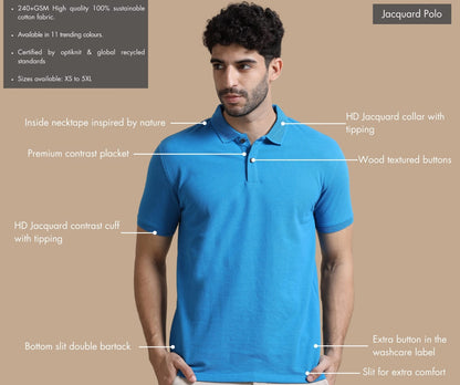 Features of the personalized aqua blue jacquard polo t-shirt including sustainable 240GSM fabric, jacquard texture, custom embroidery, side slits with bartack stitching, and premium collar and cuffs.