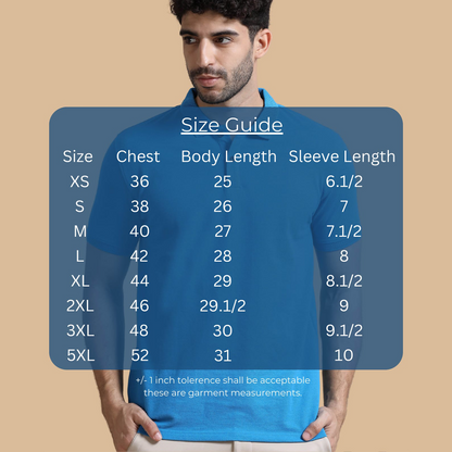 Size chart for Personalized aqua blue Jacquard Polo T-Shirt showing chest, length, and shoulder measurements for sizes S to XXL.