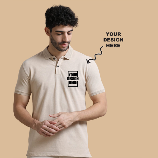 Beige jacquard polo t-shirt with a placeholder design area showing where users can add their own logo, artwork, or text for personalization.