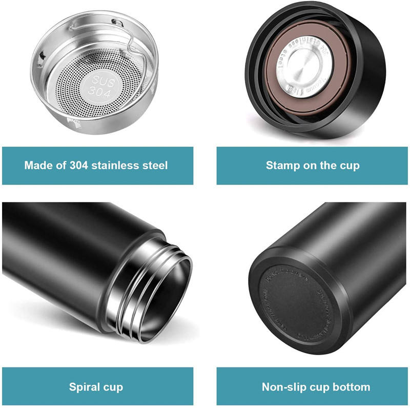 Details of a personalized black color temperature water bottle showing stainless steel, spiral cup, and non-slip bottom