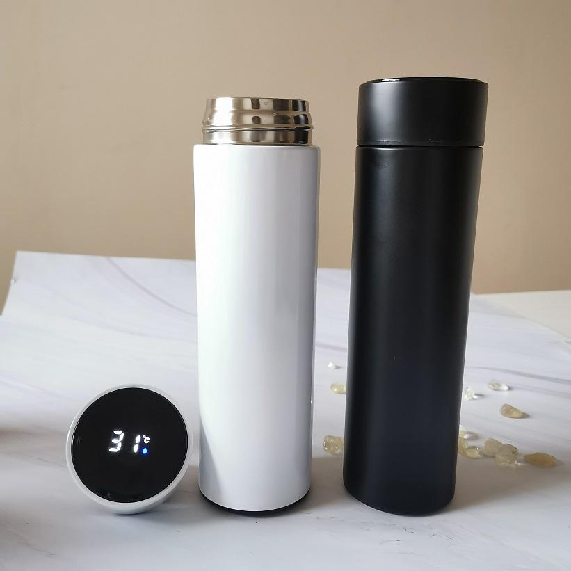 Personalized black color temperature water bottle with a sleek design and digital temperature display
