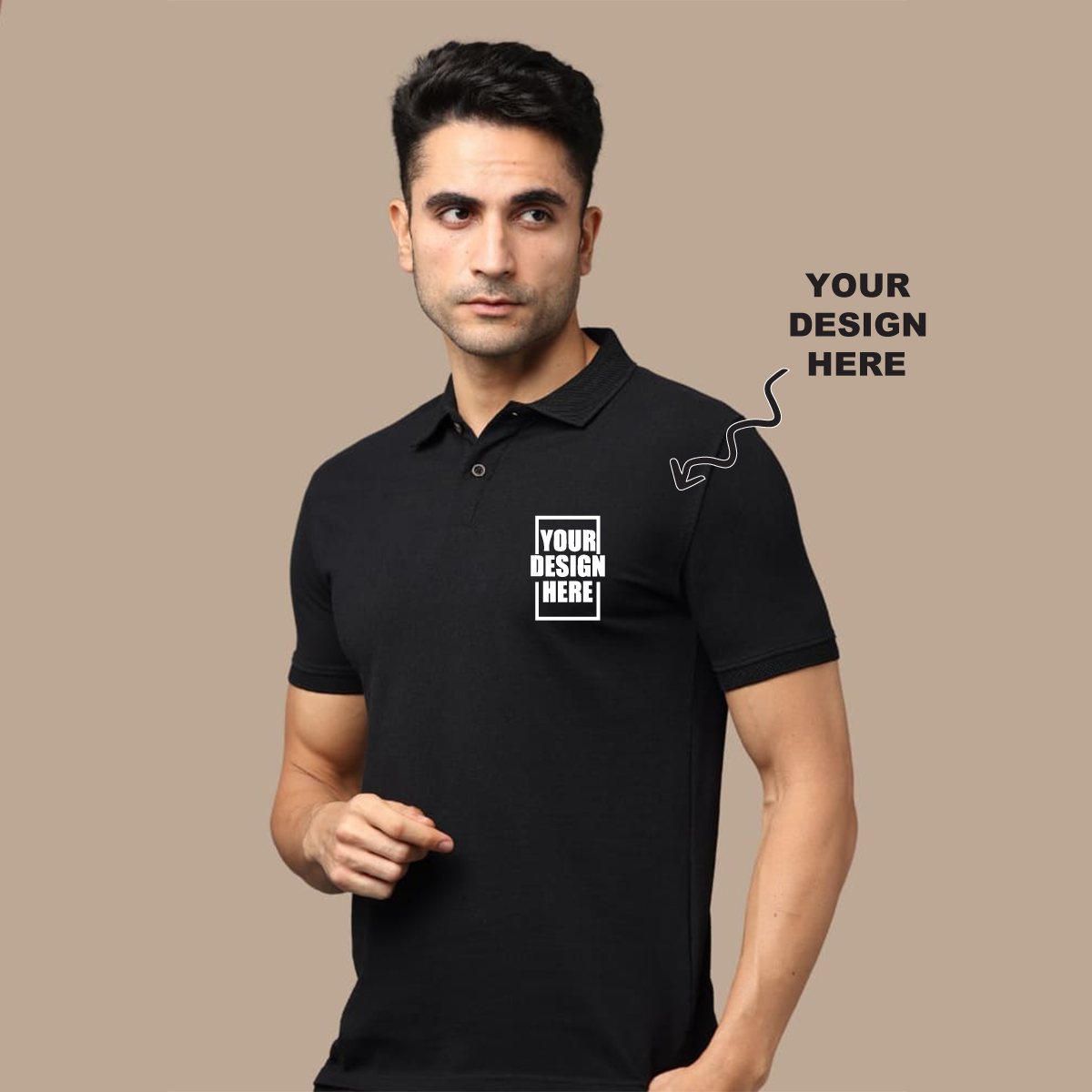 Black jacquard polo t-shirt with a placeholder design area showing where users can add their own logo, artwork, or text for personalization.