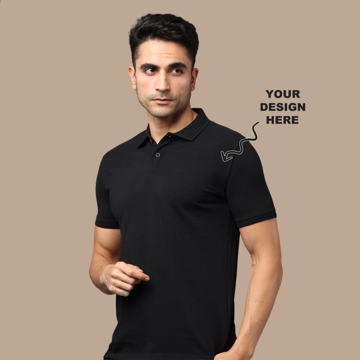 Black jacquard polo t-shirt with a placeholder logo area showing where users can add their own logo, artwork, or text for personalization.