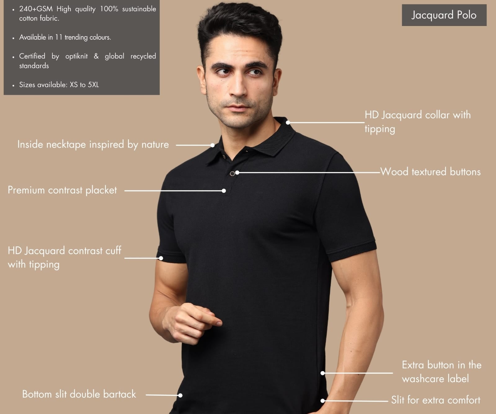 Features of the personalized black jacquard polo t-shirt including sustainable 240GSM fabric, jacquard texture, custom embroidery, side slits with bartack stitching, and premium collar and cuffs.