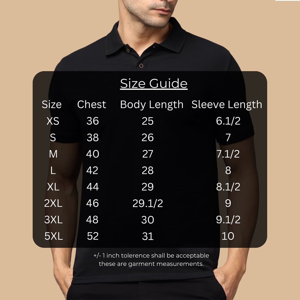 Size chart for Personalized Black Jacquard Polo T-Shirt showing chest, length, and shoulder measurements for sizes S to XXL.