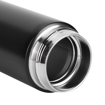 Close-up of a personalized black non temperature steel water bottle showcasing the sleek design and shiny cap