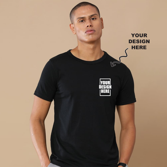 Black round neck t-shirt with a placeholder design area showing where users can add their own logo, artwork, or text for personalization.