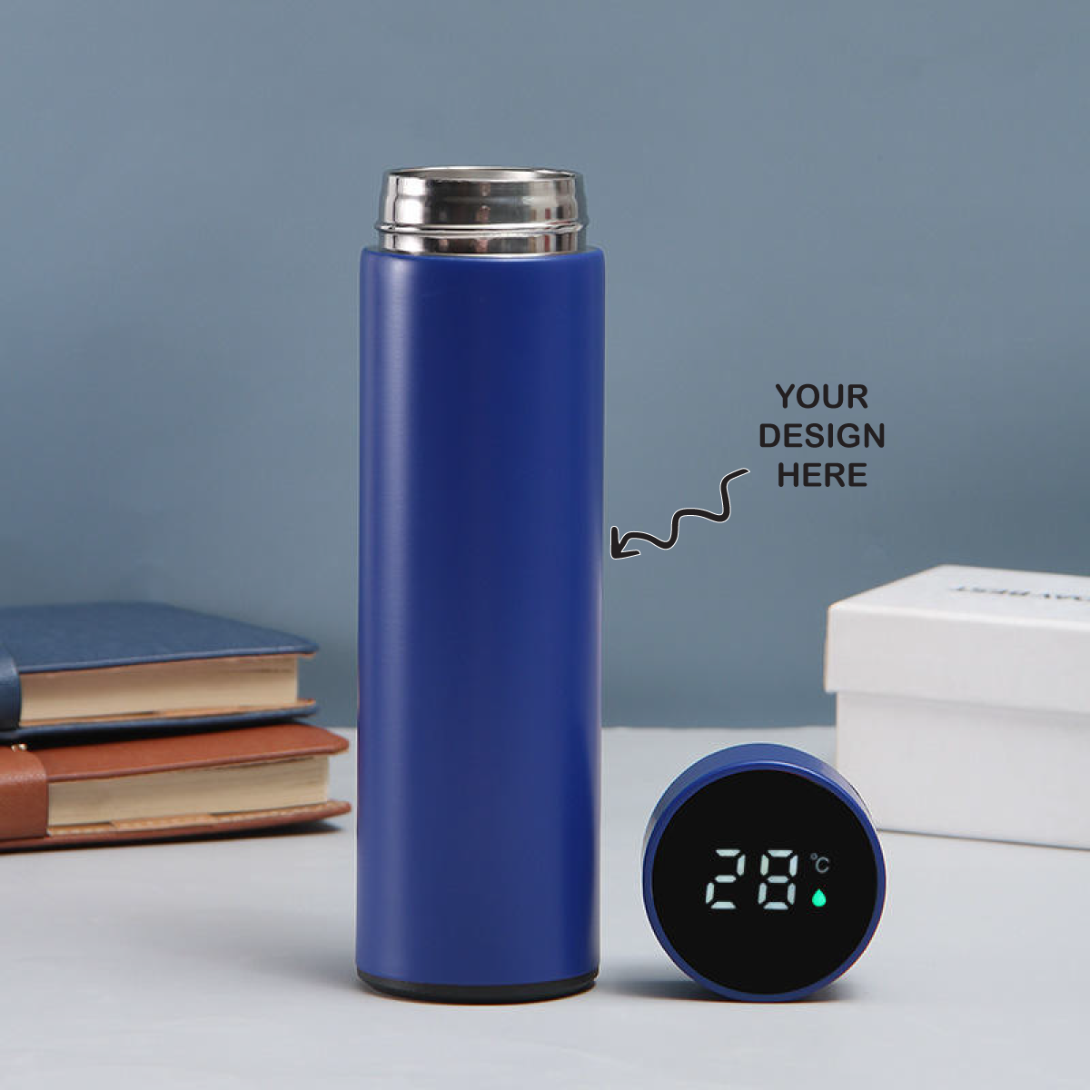 Personalized blue color temperature UV printed water bottle with digital display and sleek design