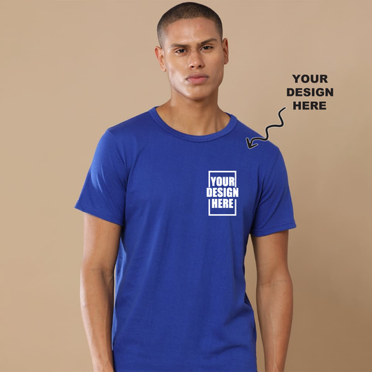 Blue round neck t-shirt with a placeholder design area showing where users can add their own logo, artwork, or text for personalization.