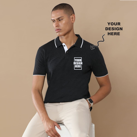 Charcoal melange jacquard polo t-shirt with a placeholder design area showing where users can add their own logo, artwork, or text for personalization.