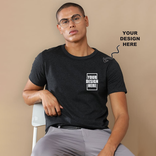 Charcoal melange round neck t-shirt with a placeholder design area showing where users can add their own logo, artwork, or text for personalization.