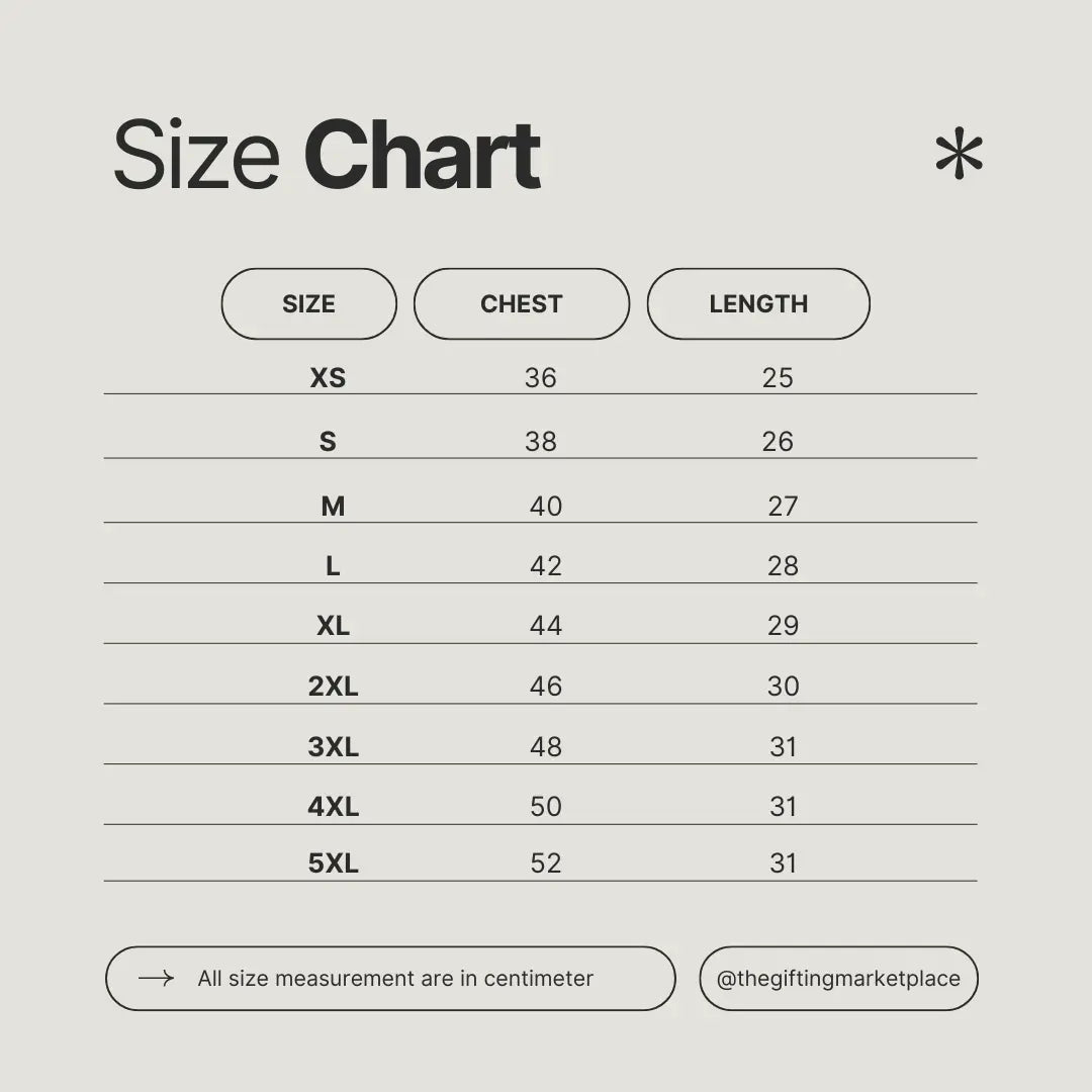 Size chart for personalized corporate t-shirts with measurements in centimeters from XS to 5XL