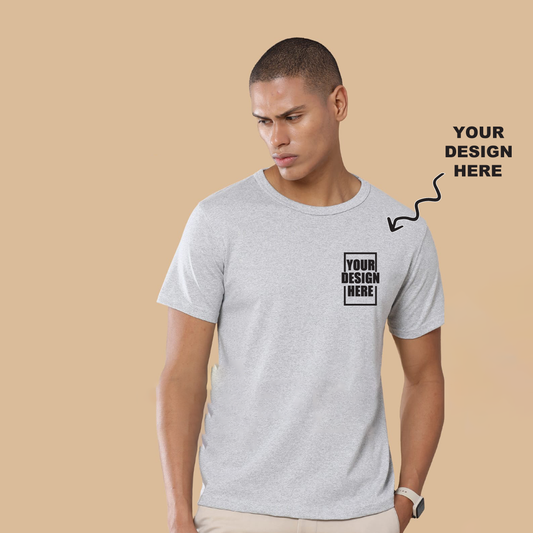 Grey round neck t-shirt with a placeholder design area showing where users can add their own logo, artwork, or text for personalization.