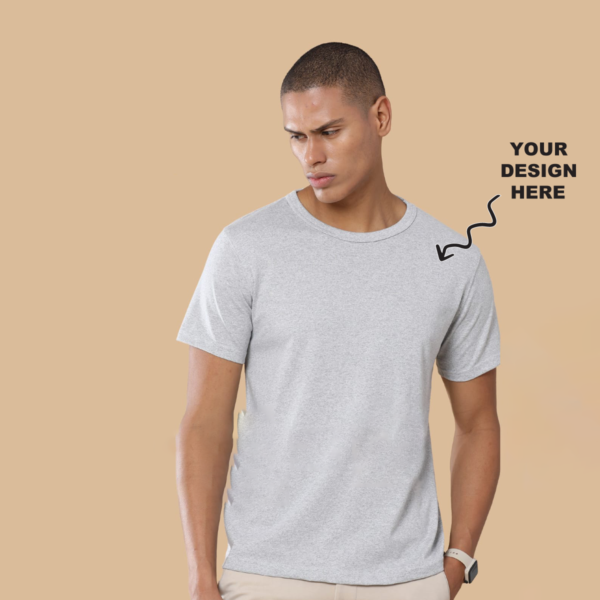 Grey round neck t-shirt with a placeholder logo area showing where users can add their own logo, artwork, or text for personalization.