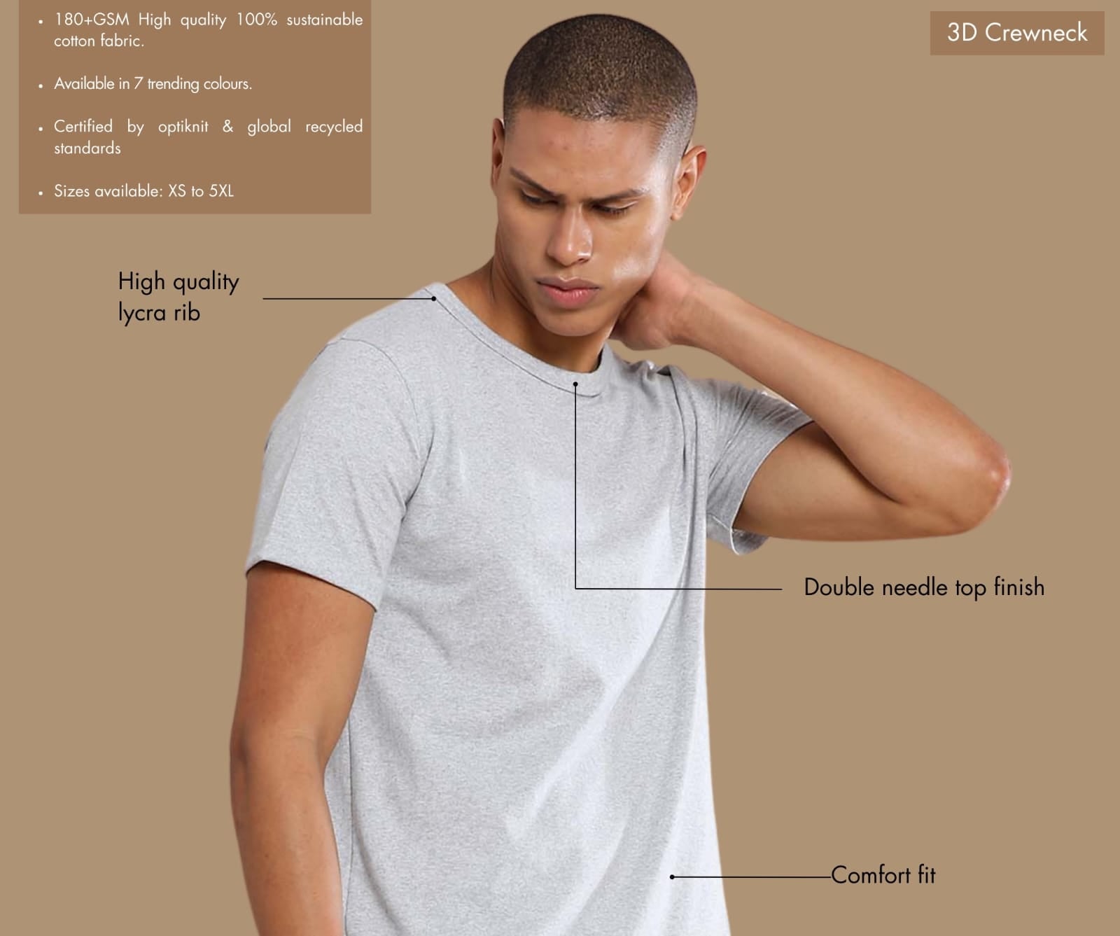 Features of the personalized grey round neck t-shirt including sustainable 180GSM fabric, jacquard texture, custom embroidery, side slits with bartack stitching, and premium collar and cuffs.