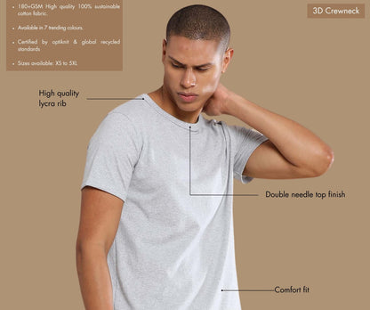 Features of the personalized grey round neck t-shirt including sustainable 180GSM fabric, jacquard texture, custom embroidery, side slits with bartack stitching, and premium collar and cuffs.