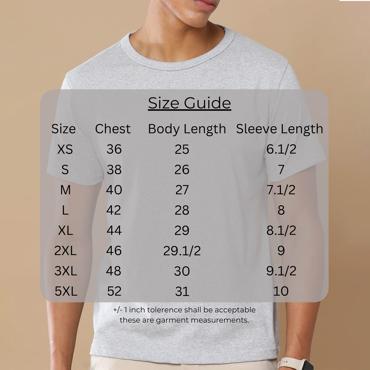 Size chart for Personalized grey round neck T-Shirt showing chest, length, and shoulder measurements for sizes S to XXXL