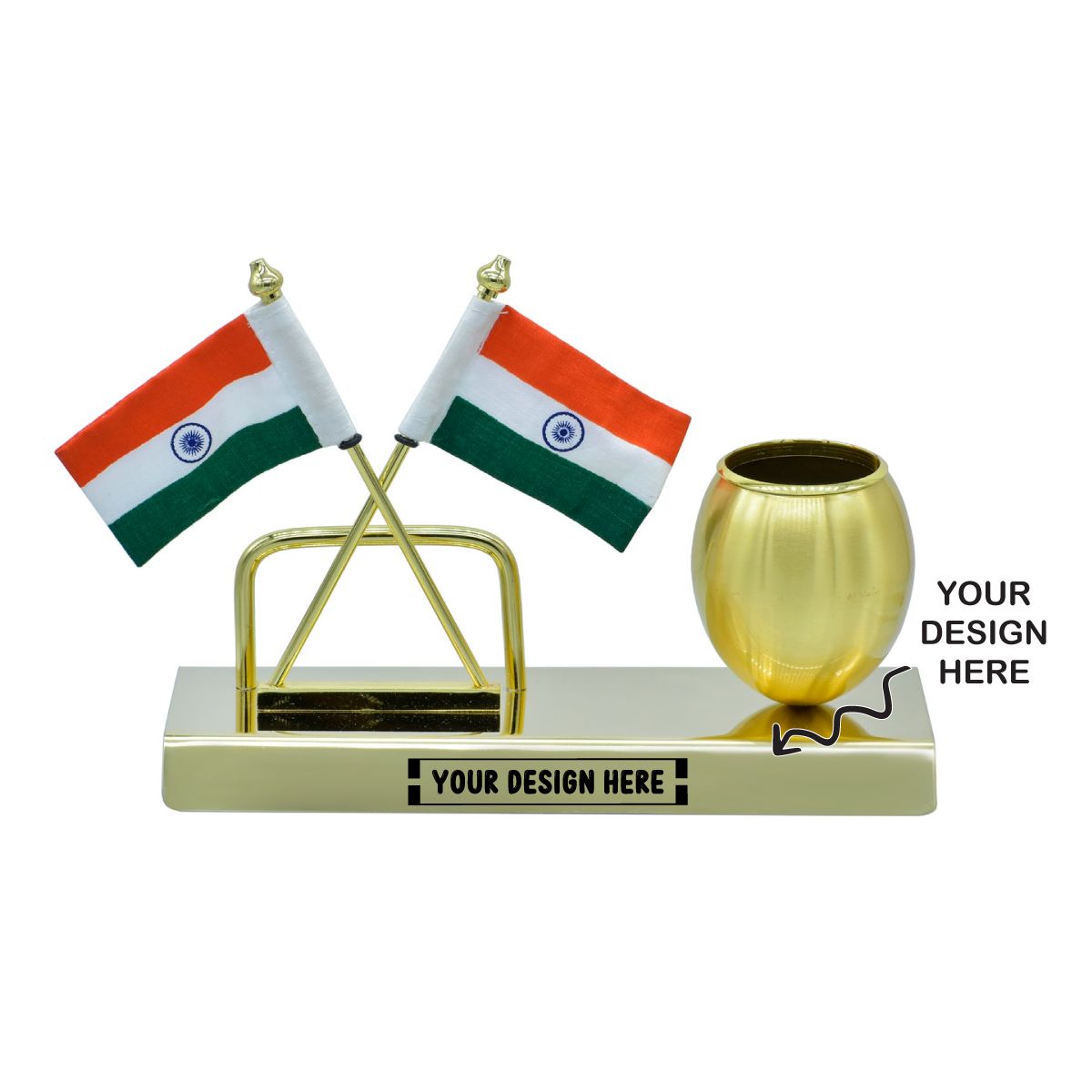 Personalized Indian flag pen stand with two flags and a customizable base for desk decor
