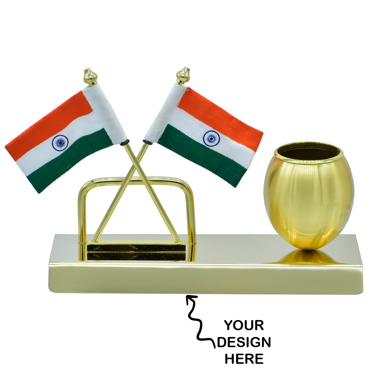 Personalized Indian flag pen stand with dual flags and a gold holder for customized designs