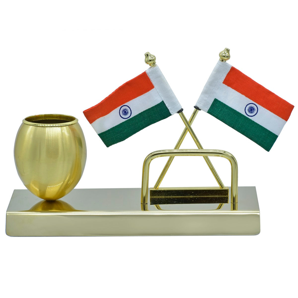 Personalized Indian flag pen stand with two Indian flags and elegant gold holder for decoration