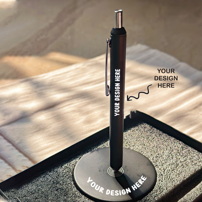 Personalized magnetic pen stand with a sleek black design and custom branding space.