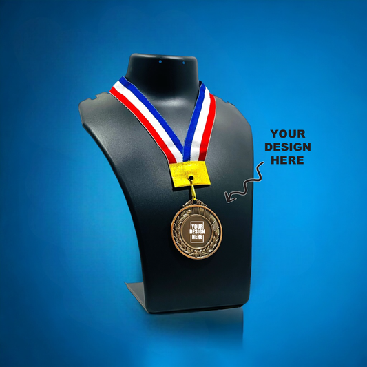 2 inch personalized medal displayed on a black bust with customizable design options