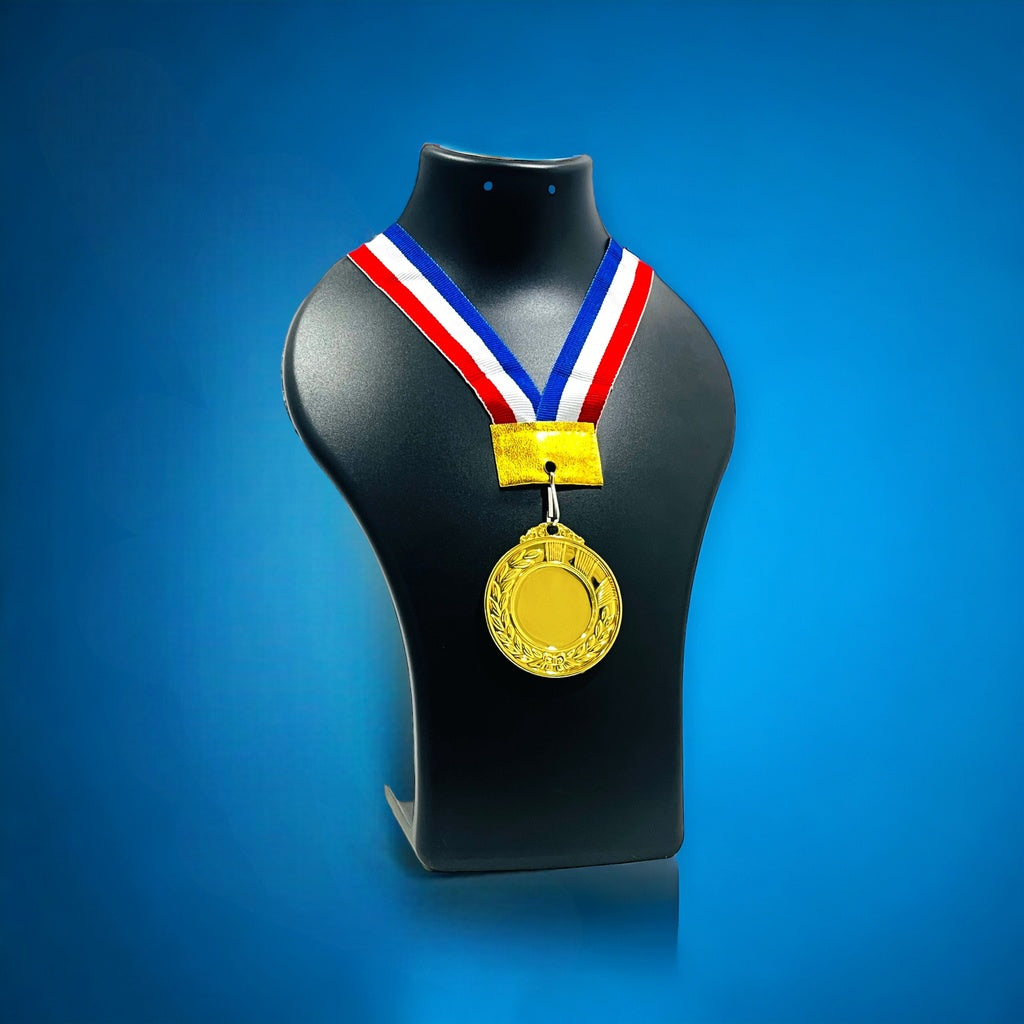 2 inch personalized medal displaying a gold finish with red, white, and blue ribbon for awards