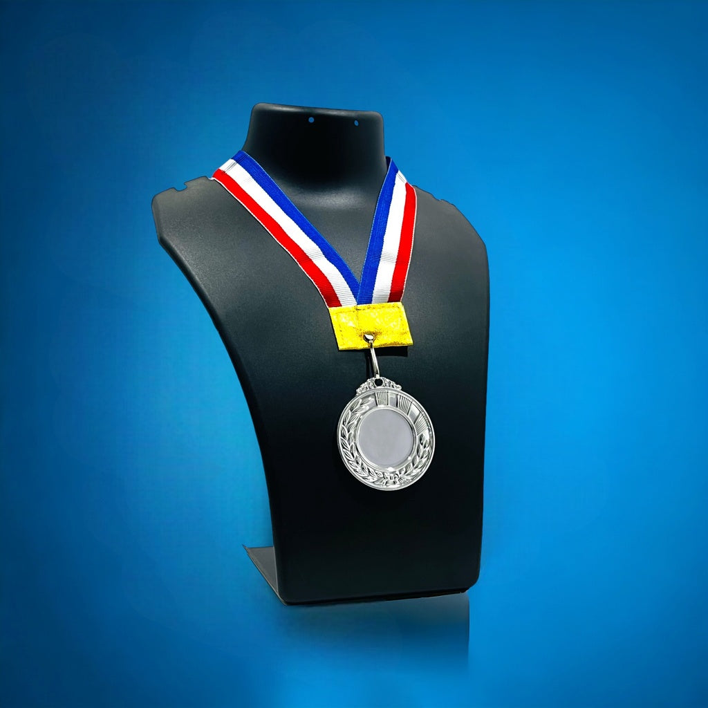 2 inch personalized medal with red, white, and blue ribbon display for awards and recognition
