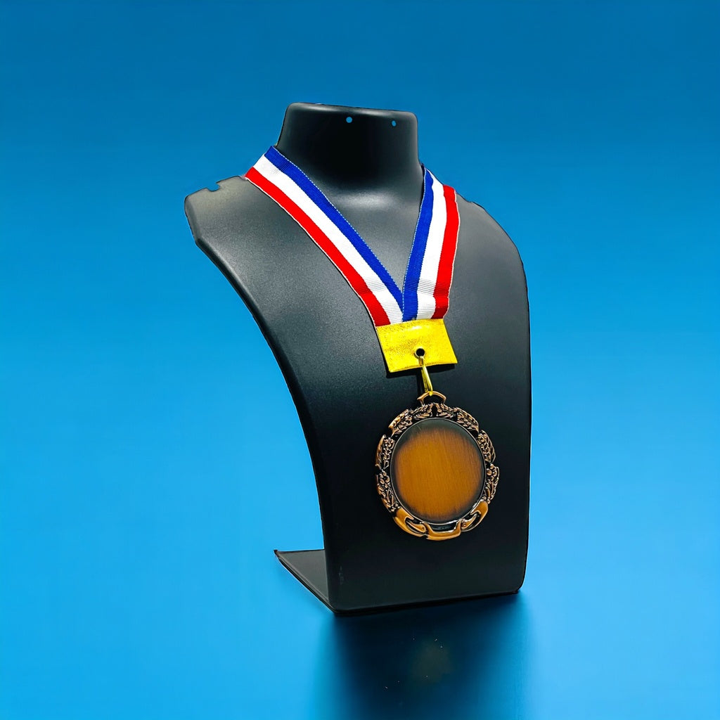 Personalized Medal displayed on a black stand with red, white, and blue ribbon for custom awards