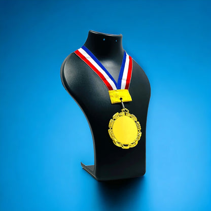 Personalized Medal displayed on a black stand with colorful ribbon for awards and achievements