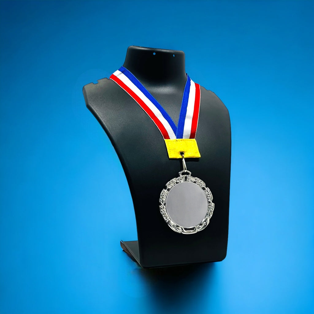 Personalized Medal featuring a silver design with a multicolored ribbon for special achievements