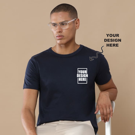 Navy blue round neck t-shirt with a placeholder design area showing where users can add their own logo, artwork, or text for personalization.