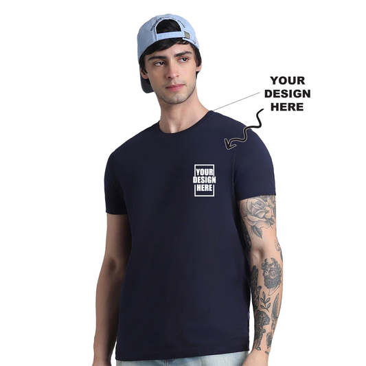 Navy Jack&Jones joren round neck t-shirt with a placeholder design area showing where users can add their own logo, artwork, or text for personalization.