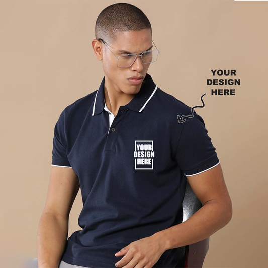 Navy Blue jacquard polo t-shirt with a placeholder design area showing where users can add their own logo, artwork, or text for personalization.