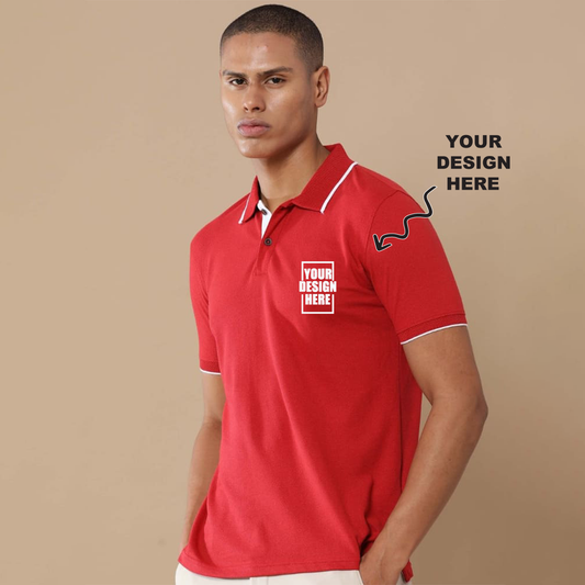 Red jacquard polo t-shirt with a placeholder design area showing where users can add their own logo, artwork, or text for personalization.