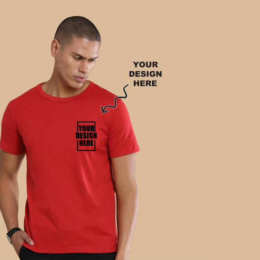 Red round neck t-shirt with a placeholder design area showing where users can add their own logo, artwork, or text for personalization.