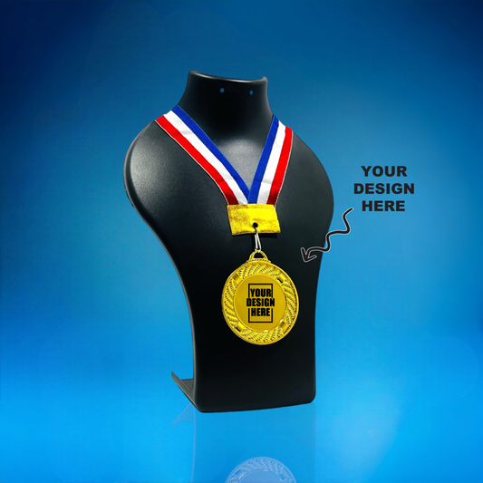 Personalized Round Medal displayed on a black stand with customizable design options and colorful ribbon