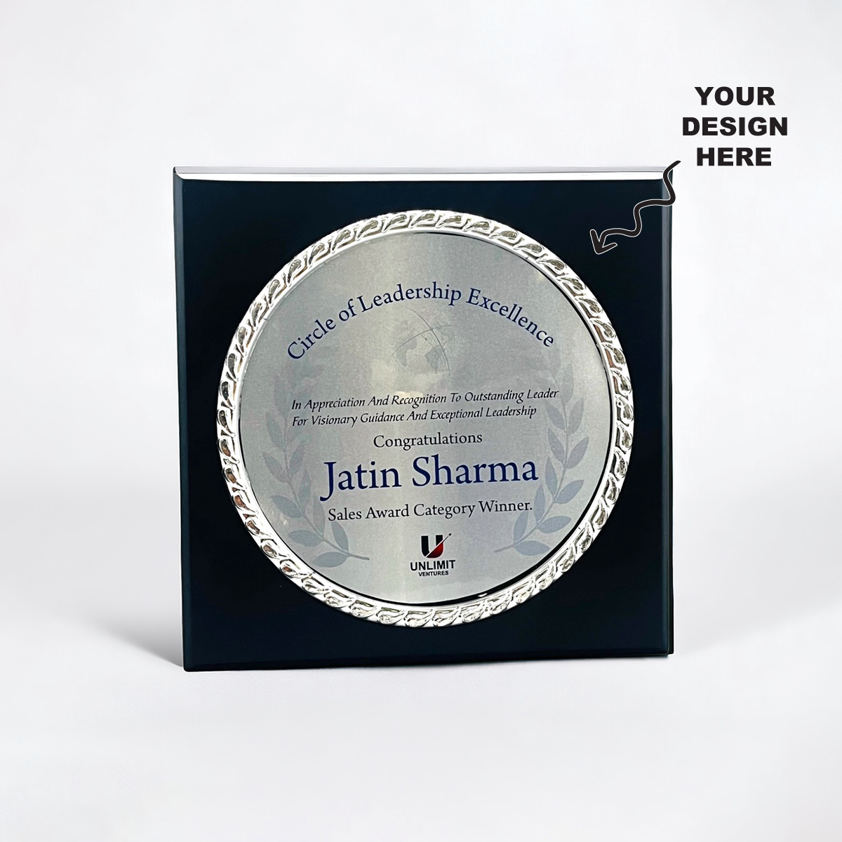 Personalized Silver Square Memento featuring an award for Leadership Excellence and customizable design