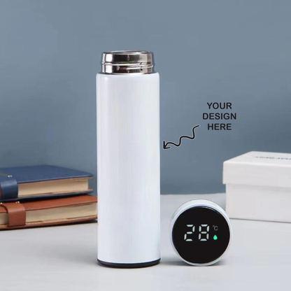Personalized temperature water bottle in white with a digital display for custom designs