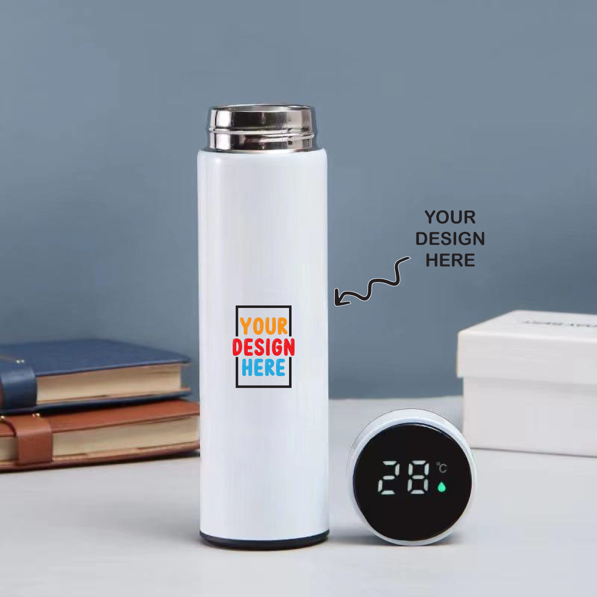 Personalized temperature water bottle in white with customizable design and digital temperature display