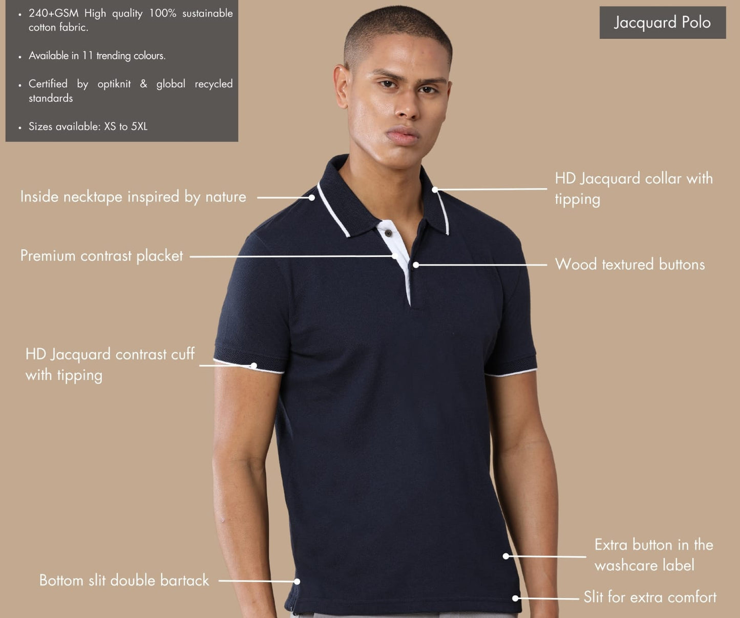 Features of the personalized navy blue tipping jacquard polo t-shirt including sustainable 240GSM fabric, jacquard texture, custom embroidery, side slits with bartack stitching, and premium collar and cuffs.